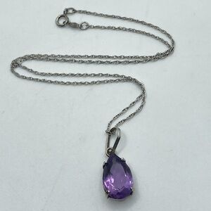 STERLING & Amethyst Teardrop / Pear Shaped Stone Pendant w 925 Chain 14” + 1”